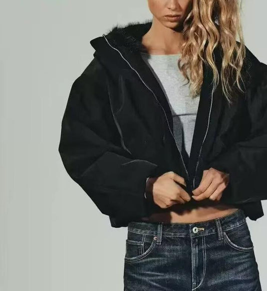 Women Clothing Casual Short Black Hooded Jacket