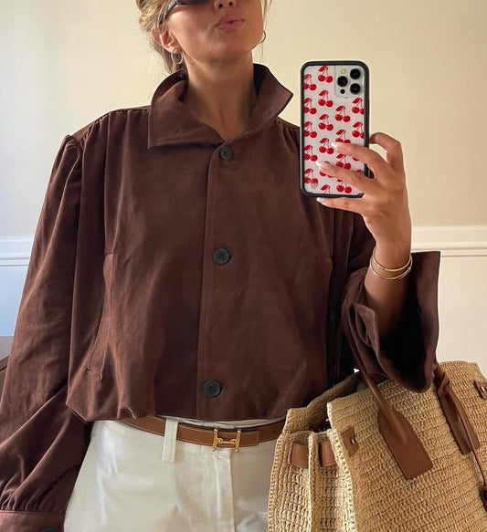 Elegant Women Clothing Solid Color Suede Pleated Stand Collar Coat