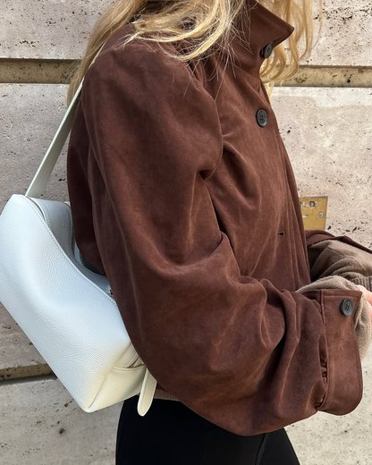 Elegant Women Clothing Solid Color Suede Pleated Stand Collar Coat