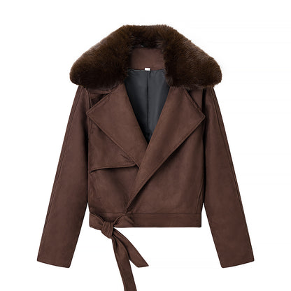Women Clothing Fall Unique Fur Collar Suede Jacket