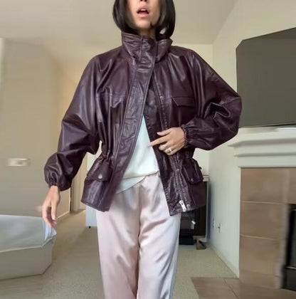 Autumn Waist Stand Collar Pocket Casual Leather Clothing Trench Coat Dark Red Leather Coat