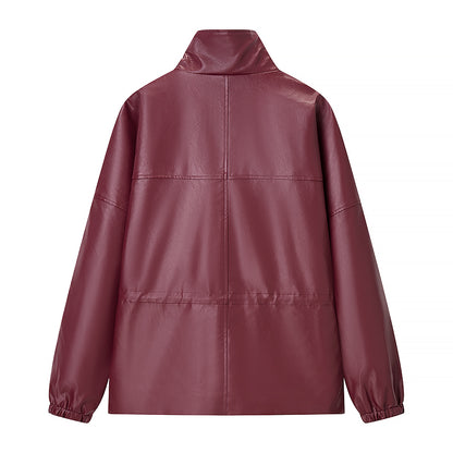 Autumn Waist Stand Collar Pocket Casual Leather Clothing Trench Coat Dark Red Leather Coat