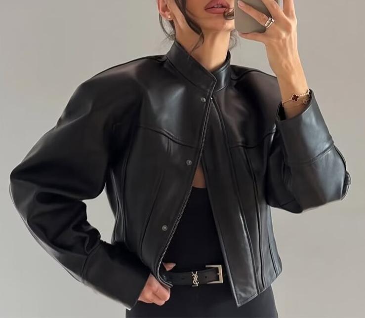 Fall Women Clothing Stylish Simple Short Leather Jacket Coat