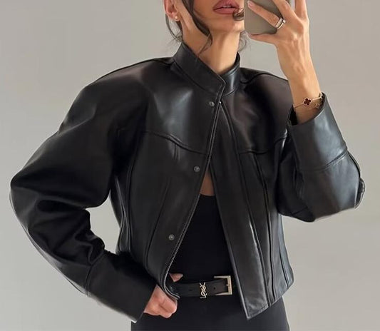 Fall Women Clothing Stylish Simple Short Leather Jacket Coat