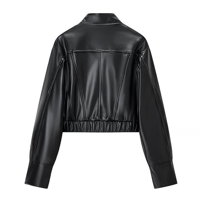 Fall Women Clothing Stylish Simple Short Leather Jacket Coat