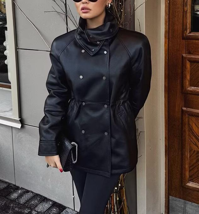 Women Clothing Popular All Match Casual Drawstring Waist Leather Coat