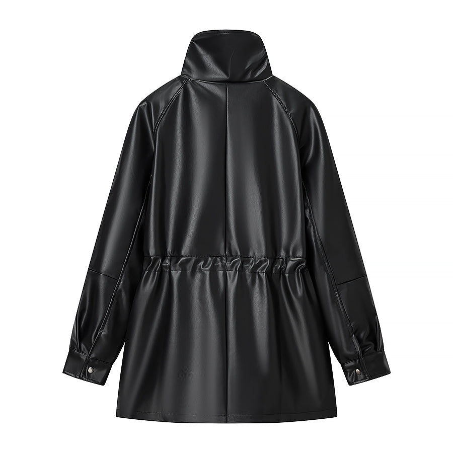 Women Clothing Popular All Match Casual Drawstring Waist Leather Coat