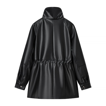 Women Clothing Popular All Match Casual Drawstring Waist Leather Coat