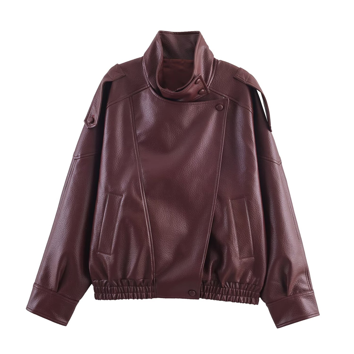 Women Elegant Long Sleeve Stand Collar Leather Jacket Coat