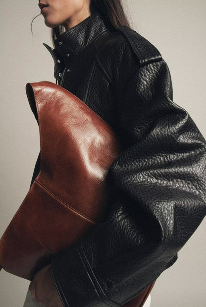 Women Clothing Elegant Drop Shoulder Texture Leather Zipper Bomber Jacket Jacket