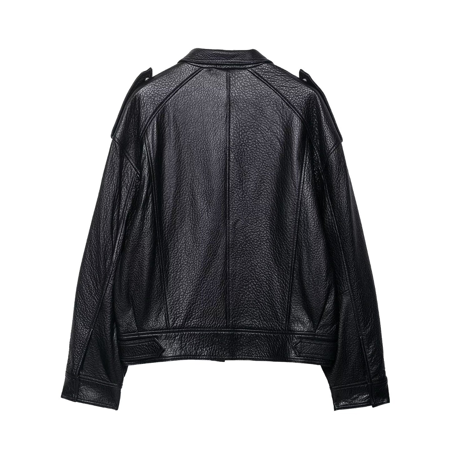 Women Clothing Elegant Drop Shoulder Texture Leather Zipper Bomber Jacket Jacket