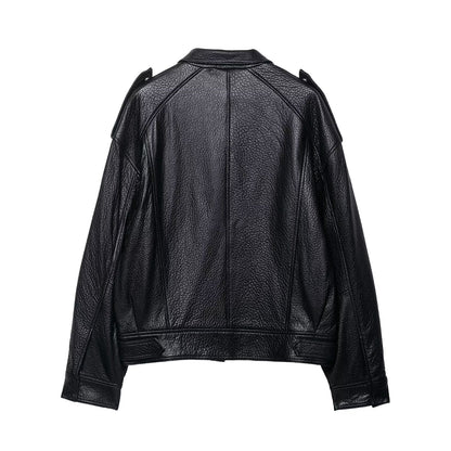 Women Clothing Elegant Drop Shoulder Texture Leather Zipper Bomber Jacket Jacket