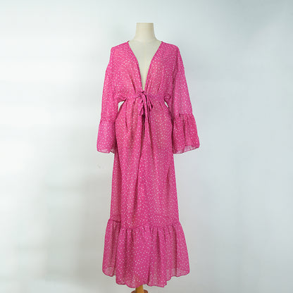 Rose Red White Dot Mid-Length Chiffon Cardigan Beach Jacket Swimsuit Outwear Bikini Sun Protective Blouse