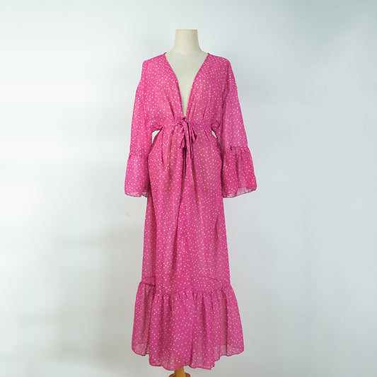 Rose Red White Dot Mid-Length Chiffon Cardigan Beach Jacket Swimsuit Outwear Bikini Sun Protective Blouse