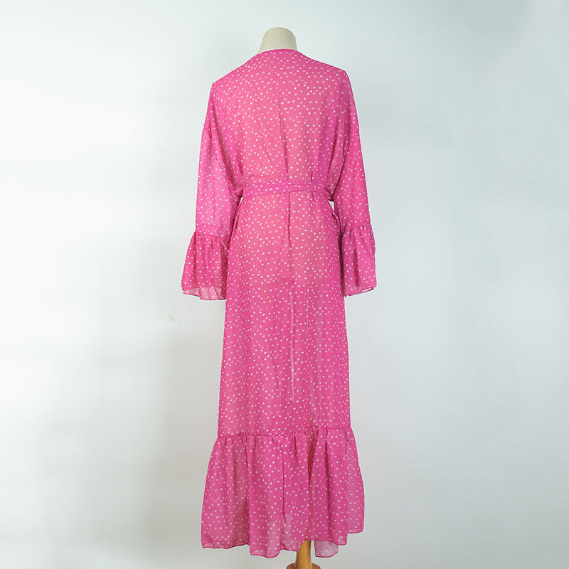 Rose Red White Dot Mid-Length Chiffon Cardigan Beach Jacket Swimsuit Outwear Bikini Sun Protective Blouse