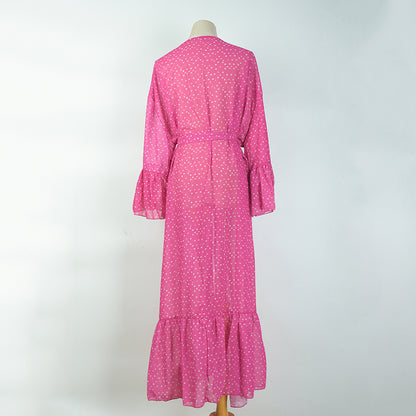 Rose Red White Dot Mid-Length Chiffon Cardigan Beach Jacket Swimsuit Outwear Bikini Sun Protective Blouse