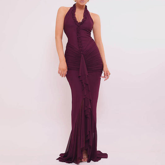 Arrival Sexy Halter Dress Summer Deep V Plunge Ruffled Slit Pleated Dress