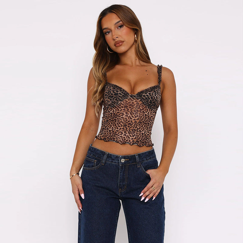 Sexy Leopard Print Camisole Top Summer Vacation Bottoming Chest Flattering Short Vest
