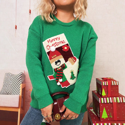 Autumn Winter Christmas Contrast Color Three Dimensional Pattern Sweater Chic Casual Women Knitting Pullover