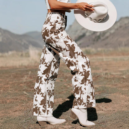 Women Irregular Asymmetric Pattern Print Jeans