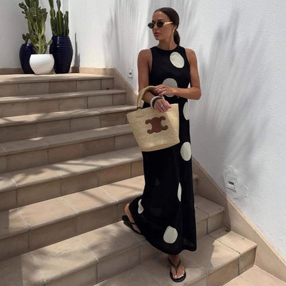 Autumn Winter Polka Dot Casual Slimming Knitted Maxi Dress Bohemian Beach See through Dress Women