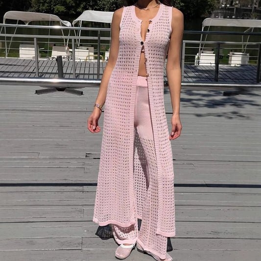 Blouse Hollow Out Cutout out Vest Cardigan Beach Outerwar Knitted Dress Sexy See through Trousers Two Piece Sets