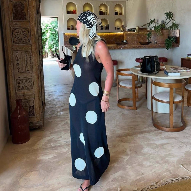 Autumn Winter Polka Dot Casual Slimming Knitted Maxi Dress Bohemian Beach See through Dress Women