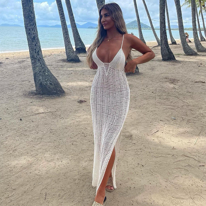 Women Sling Backless Knitted Dress Beach Seaside V neck Sexy Tight Split Spring Summer Dress