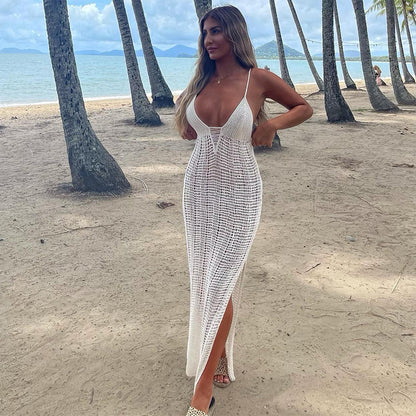 Women Sling Backless Knitted Dress Beach Seaside V neck Sexy Tight Split Spring Summer Dress