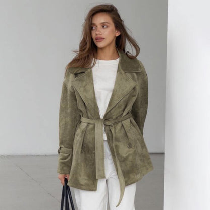 Retro Suede Fabric Jacket Coat Autumn Winter Polo Collar Lace up Waist Trimming Coat