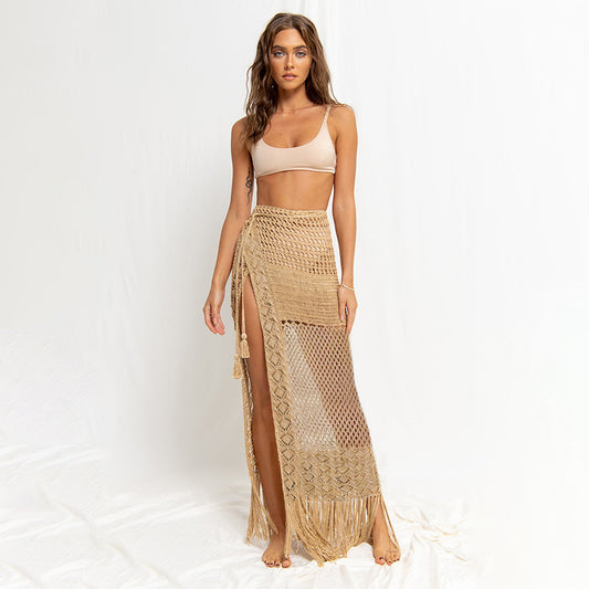 Summer Beach Skirt Women Solid Color Sexy Knitted Hollow Out Cutout Beach Bikini Outer Tassel Skirt Crochet hook