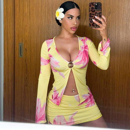 Floral Print Long Sleeve Ring Slit Top Tight Two Piece Sets