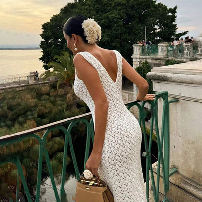 Summer Dress Sexy Sleeveless Hollow Out Cutout Knitted Beach Dress Backless High Grade Women