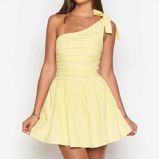 Women Wear Oblique Shoulder Bow Pleated Slim Summer Dress Women Yellow Sweet Spicy Dress