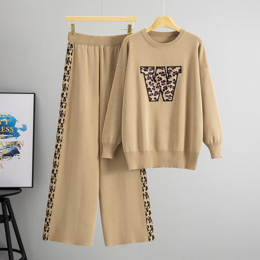Autumn Winter High Grade Casual Heavy Industry round Neck Knitted Top Wide Leg Pants Two Piece Set