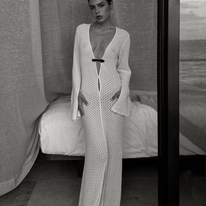 Hollow Out Cutout out Split Dress Beach Cover up V neck Beach Dress Long Mopping Fishtail Evening Dress for Women