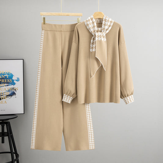 Autumn Winter High Waist Knitted Top Fashionable Wide Leg Pants Houndstooth Scarf Women