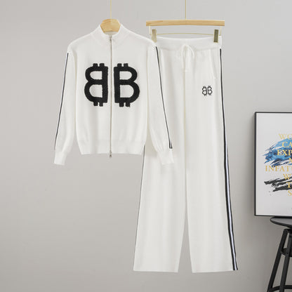 Autumn Winter Advanced Casual Sports Knitted Long Sleeved Jacket Wide Leg Pants Two Pieces Sets