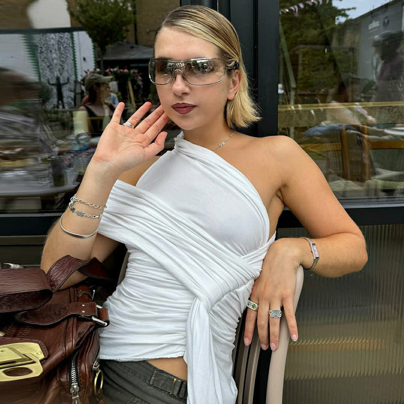 All Matching Top Summer Sexy Irregular Asymmetric Solid Color Ribbon Vest