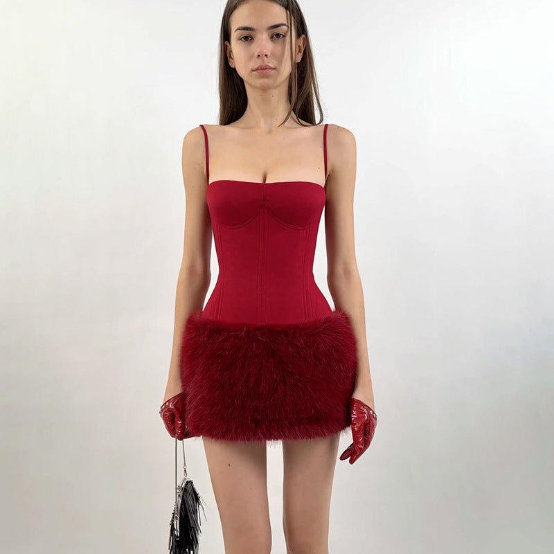 Spring Summer Arrival Christmas Year Sexy Spaghetti Straps Corset Plush Sheath Dress Short Women