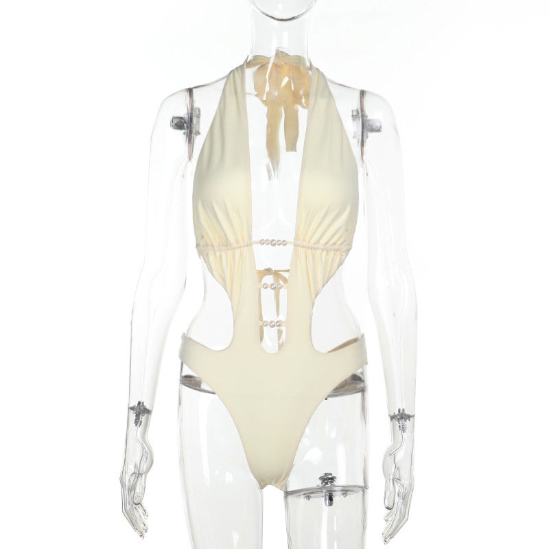 Summer Fashionable Beads Hollow Out Cutout Spring Swimming Halter Comfortable Jumpsuit