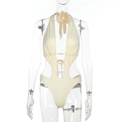Summer Fashionable Beads Hollow Out Cutout Spring Swimming Halter Comfortable Jumpsuit
