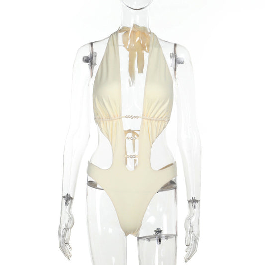 Summer Fashionable Beads Hollow Out Cutout Spring Swimming Halter Comfortable Jumpsuit