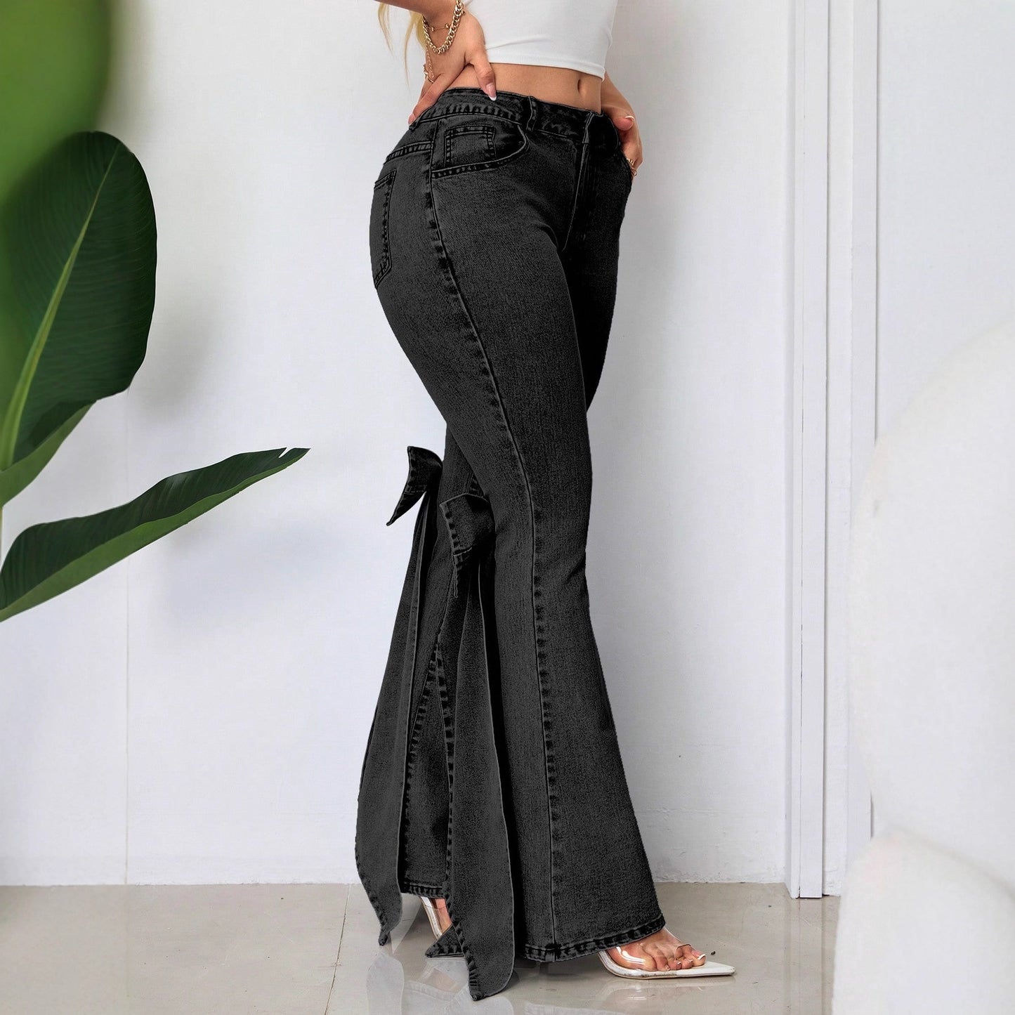 Retro Three Dimensional Bow Slim Fit Elastic Mop Denim Bell Bottom Pants