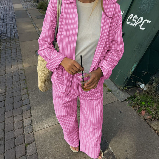 Casual Vacation Striped Long Sleeved Long Pants Women Clothing Autumn Two Piece Sets