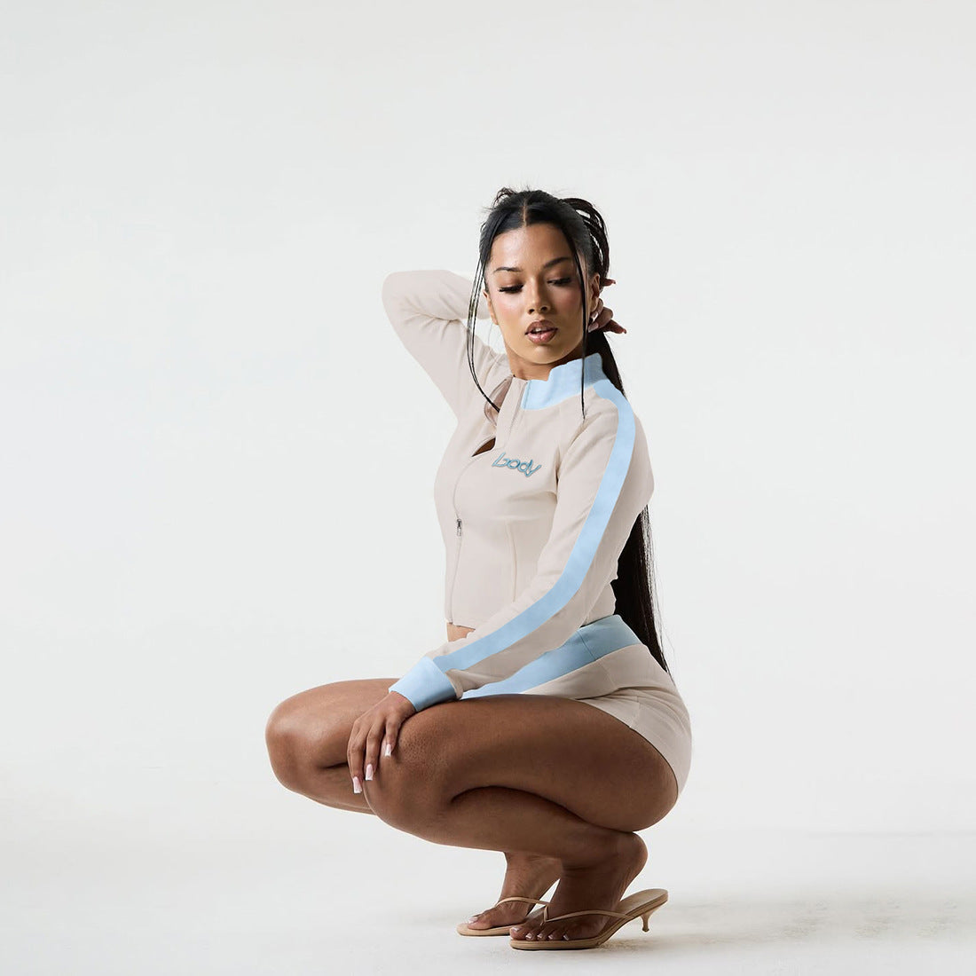 Fall Women Clothing Long Sleeve Stand Collar Color Contrast Zipper Embroidery Sports Shorts Set