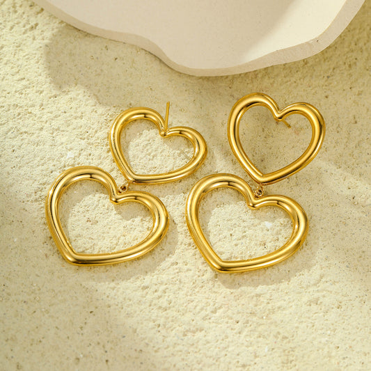 Stainless Steel Hollow Out Cutout Heart Tassel Embellished Earrings 18K Gold Plating Stainless Steel Peach Heart Stud Earring