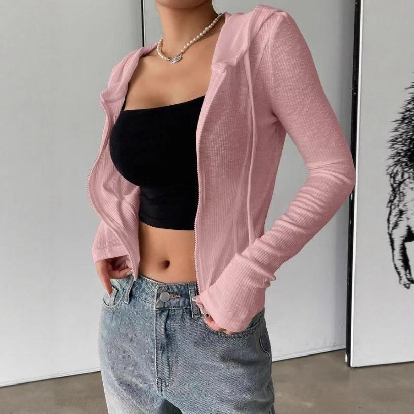 Fall Winter Knitwear Cardigan Top Slim Fit Sports Hoodie Short Zipper Hooded Sweatshirt