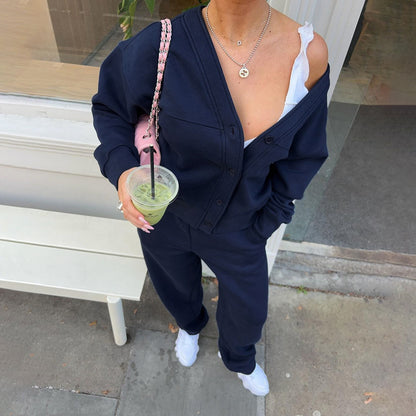 Autumn Button Cardigan Coat High Waist Solid Color Loose Trousers Idle Set