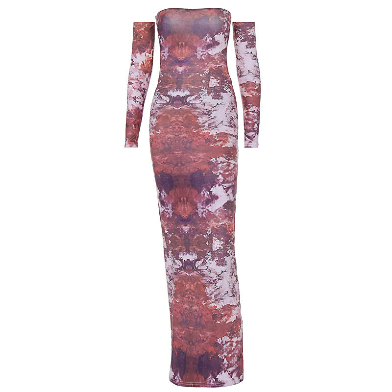 Autumn Sexy off Neck Tube Top Backless Print Slim Dress